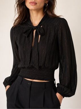 Intermix Metallic Stripe Tie-Neck Smocked Blouse Size 6 Black Gold Top Night Out